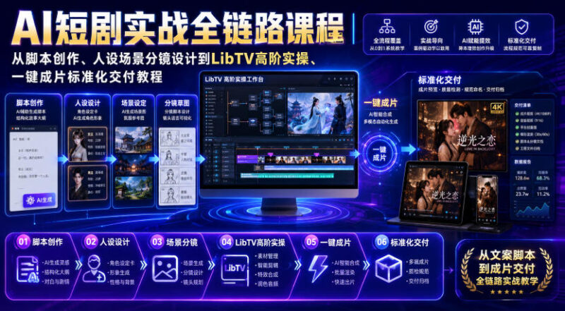 AI短剧实战全链路课程｜从脚本创作、人设场景分镜设计到LibTV高阶实操、一键成片标准化交付教程-百科网