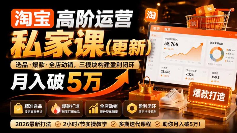(19726期)淘宝高阶运营私家课(更新26年4月18):选品、爆款、全店动销,三模块构建盈利闭环,月入破5万-百科网