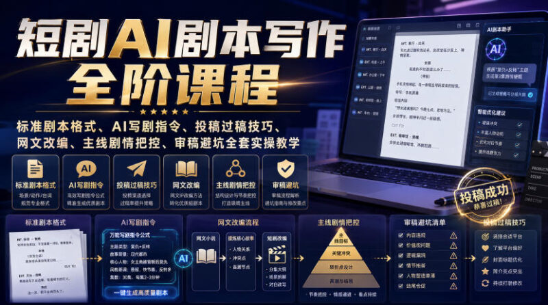 短剧AI剧本写作全阶课程｜标准剧本格式、AI写剧指令、投稿过稿技巧、网文改编、主线剧情把控、审稿避坑全套实操教学-百科网