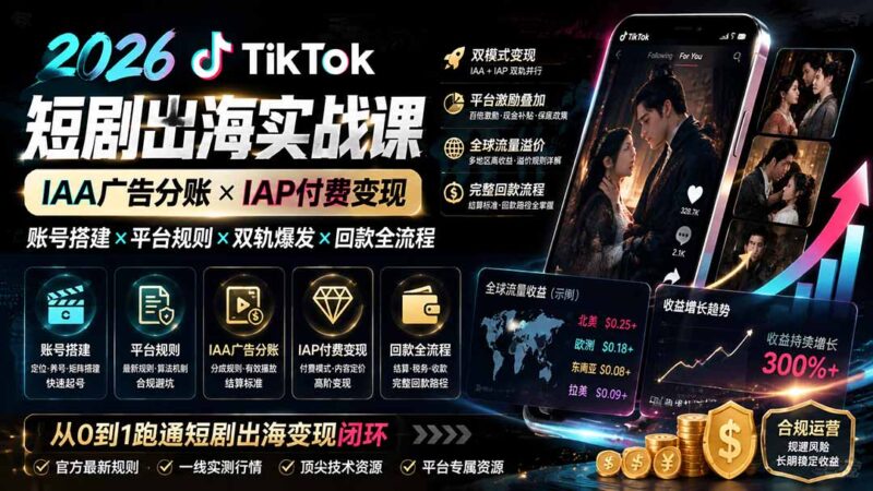 （19740期）2026TikTok短剧出海实战课：IAA广告分账×IAP付费变现×账号搭建×平台规则×双轨爆发×回款全流程-百科网