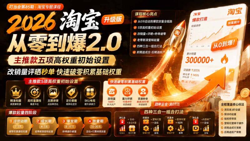 （19742期）2026淘宝从零到爆2.0第85期；主推款五项高权重初始设置，改销量评晒秒单快速破零积累基础权重-百科网