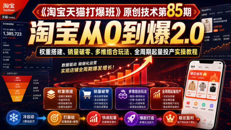 《淘宝天猫打爆班》原创技术第85期，淘宝从0到爆2.0，权重搭建、销量破零、多维组合玩法、全周期起量投产实操教程-百科网