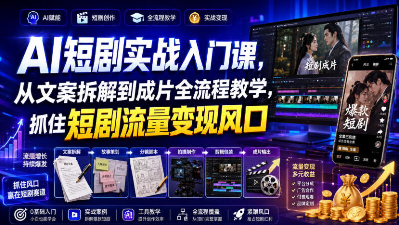 AI短剧实战入门课，从文案拆解到成片全流程教学，抓住短剧流量变现风口-百科网