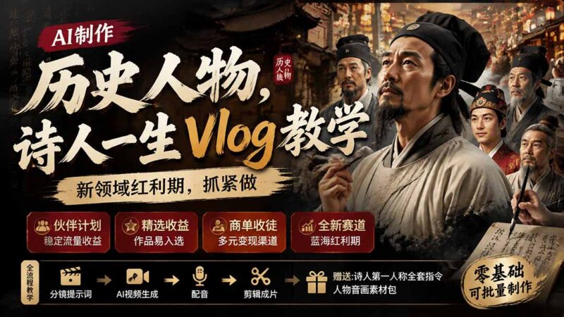 （19758期）历史人物，诗人一生Vlog教学， AI制作丨伙伴计划丨精选收益丨商单收徒 ，新领域红利期，抓紧做-百科网