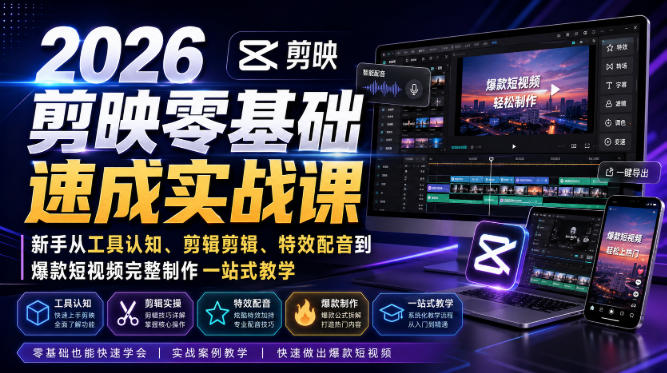 2026剪映零基础速成实战课|新手从工具认知、剪辑剪辑、特效配音到爆款短视频完整制作一站式教学-百科网