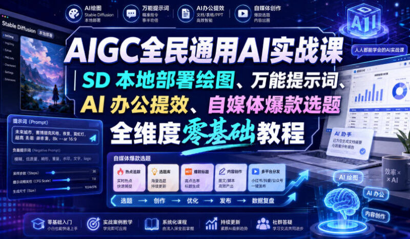 AIGC全民通用AI实战课｜SD本地部署绘图、万能提示词、AI办公提效、自媒体爆款选题全维度零基础教程-百科网