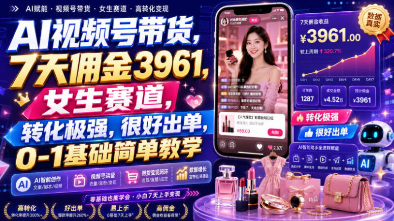 AI视频号带货,7天佣金3961,女生赛道,转化极强,很好出单,0-1基础简单教学-百科网
