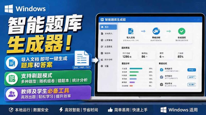 (19855期)Windows 智能题库刷题软件!导入文档一键生成题库和答案,并支持刷题模式,教师及学生必备工具 原创-百科网
