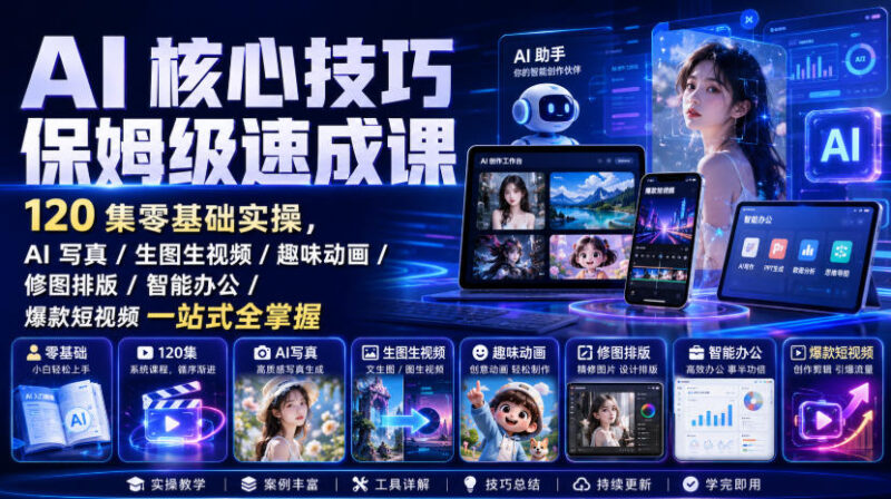 AI核心技巧保姆级速成课｜120集零基础实操，AI写真/生图生视频/趣味动画/修图排版/智能办公/爆款短视频一站式全掌握-百科网