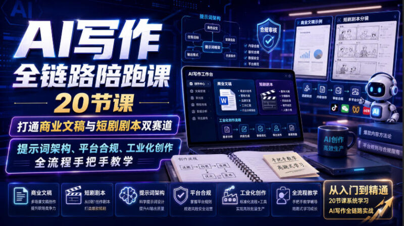 AI写作全链路陪跑课｜20节课打通商业文稿与短剧剧本双赛道，提示词架构、平台合规、工业化创作全流程手把手教学-百科网