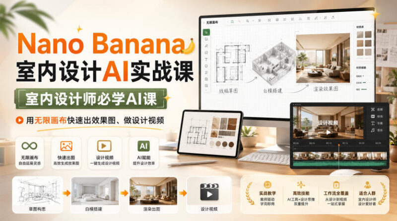 Nano Banana室内设计AI实战课，室内设计师必学AI课，用无限画布快速出效果图、做设计视频-百科网