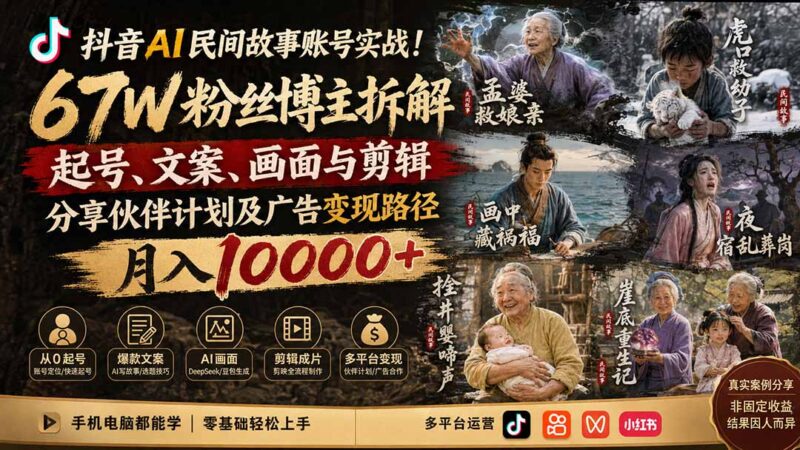 （19738期）抖音AI民间故事账号实战！67W粉丝博主拆解起号、文案、画面与剪辑，分享伙伴计划及广告变现路径，月入10000+-百科网