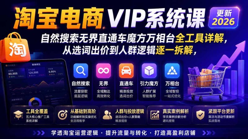 (20035期)淘宝电商VIP系统课-更新8月;自然搜索无界直通车魔方万相台全工具详解,从选词出价到人群逻辑逐一拆解-百科网