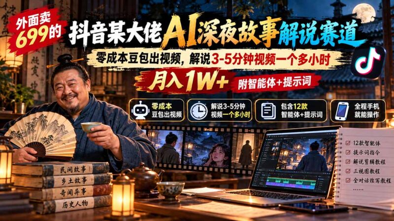 外面卖699的抖音某大佬AI深夜故事解说赛道：零成本豆包出视频，解说3-5分钟视频一个多小时，月入1W+附智能体+提示词-百科网_分享创业项目_网上赚钱方法