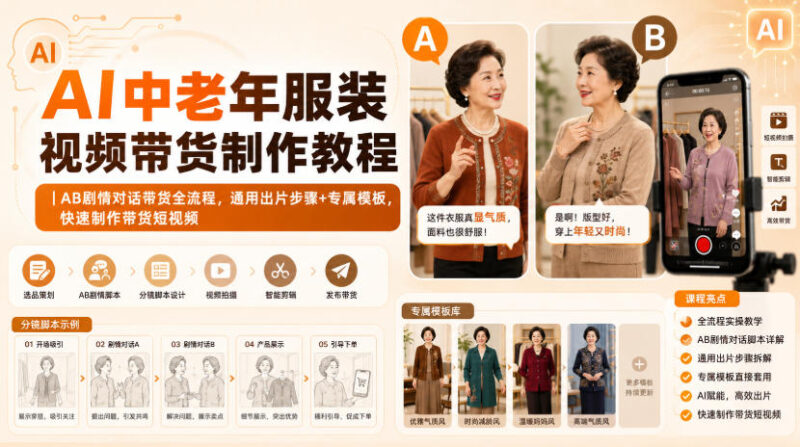 AI中老年服装视频带货制作教程|AB剧情对话带货全流程,通用出片步骤+专属模板,快速制作带货短视频-百科网