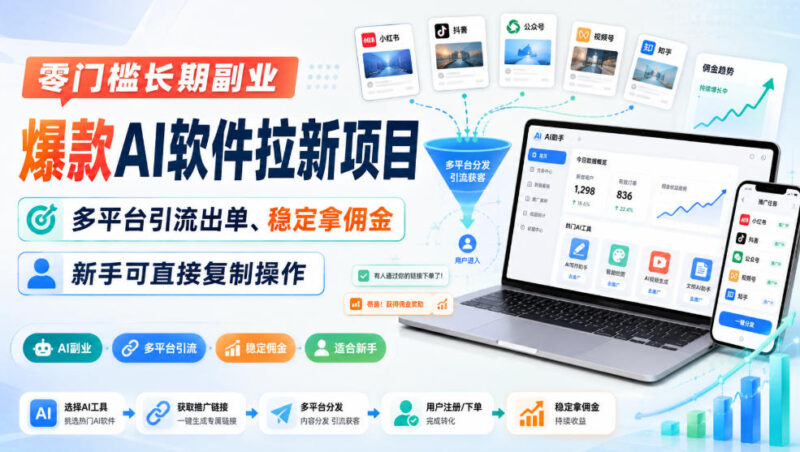 零门槛长期副业,爆款AI软件拉新项目,多平台引流出单、稳定拿佣金,新手可直接复制操作-百科网