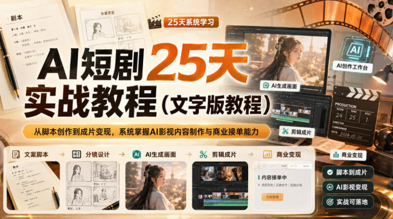 AI短剧25天实战教程（文字版教程），从脚本创作到成片变现，系统掌握AI影视内容制作与商业接单能力-百科网