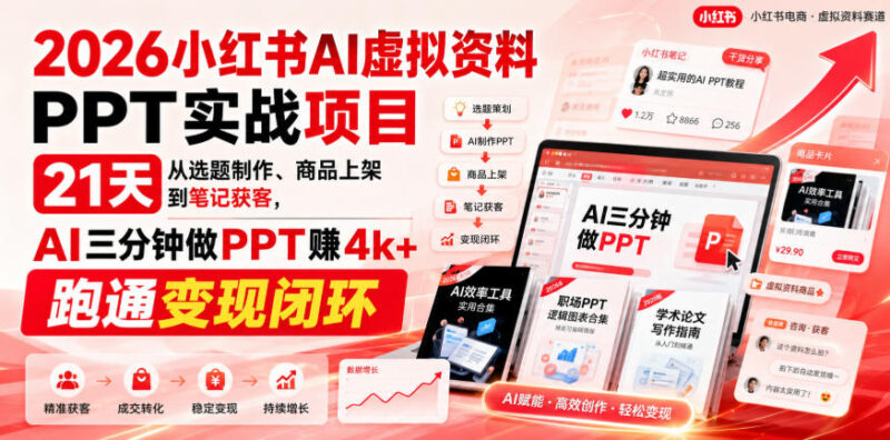 2026小红书AI虚拟资料PPT实战项目,21天从选题制作、商品上架到笔记获客,AI三分钟做PPT赚4k+跑通变现闭环-百科网