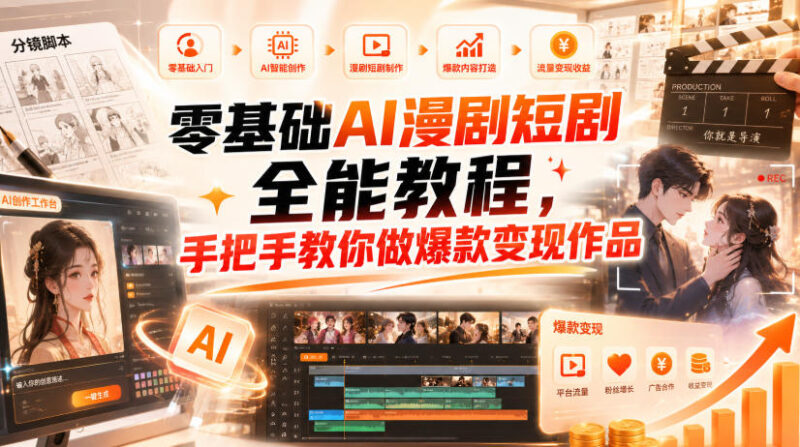 零基础AI漫剧短剧全能教程,从AI智能体搭建、文案脚本分镜、多平台AI生视频、剪映精修,覆盖全题材创作,手把手教你做爆款变现作品-百科网