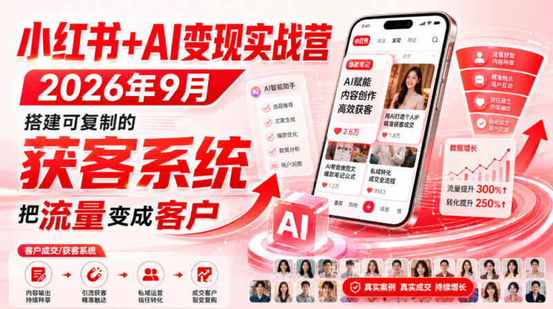 小红书+AI变现实战营2026年9月,搭建可复制的获客系统,把流量变成客户!-百科网
