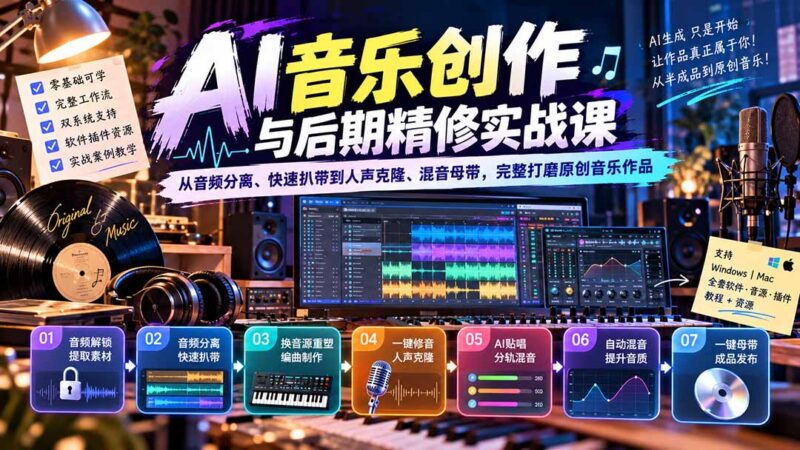 AI音乐创作与后期精修实战课:从音频分离、快速扒带到人声克隆、混音母带,完整打磨原创音乐作品-百科网_分享创业项目_网上赚钱方法