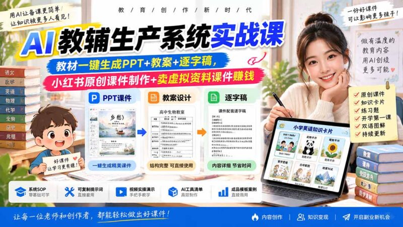 (20583期)AI教辅生产系统实战课-更新0922|教材一键生成PPT+教案+逐字稿,小红书原创课件制作+卖虚拟资料课件赚钱-百科网