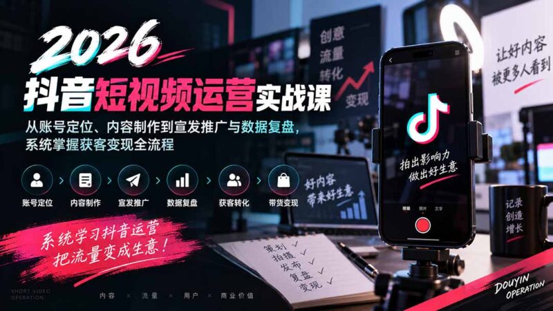 (20406期)2026抖音短视频运营实战课:从账号定位、内容制作到宣发推广与数据复盘,系统掌握获客变现全流程-百科网