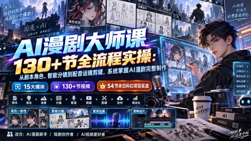 （20326期）AI漫剧大师课130+节全流程实操：从剧本角色、智能分镜到配音运镜剪辑，系统掌握AI漫剧完整制作-百科网