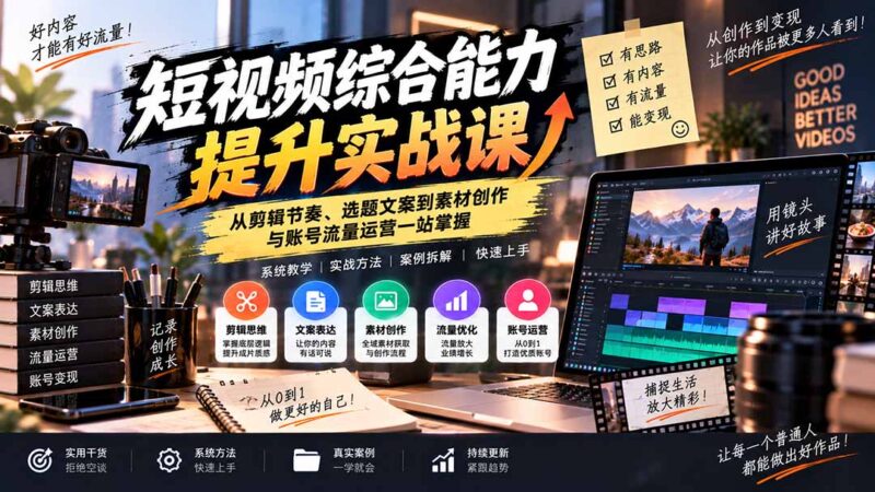 （20599期）短视频综合能力提升实战课：从剪辑节奏、选题文案到素材创作与账号流量运营一站掌握-百科网
