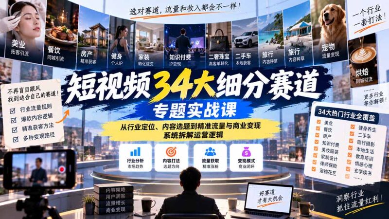 (20600期)短视频34大细分赛道专题实战课:从行业定位、内容选题到精准流量与商业变现,系统拆解运营逻辑-百科网