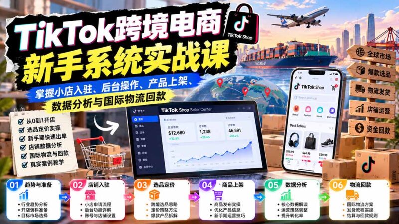 TikTok跨境电商新手系统实战课：掌握小店入驻、后台操作、产品上架、数据分析与国际物流回款-百科网_分享创业项目_网上赚钱方法