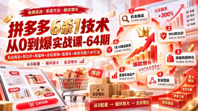 (20315期)拼多多6杀1技术从0到爆实战课-64期:机会商品+防比价+限量购+全站营销+直通车+裂变完整六步打法-百科网