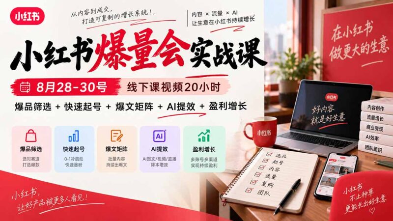 (20359期)小红书爆量会实战课:8月28-30号线下课视频20小时,爆品筛选+快速起号+爆文矩阵+AI提效+盈利增长-百科网