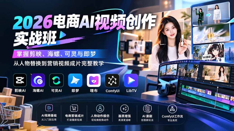 (20466期)2026电商AI视频创作实战班:掌握剪映、海螺、可灵与即梦,从人物替换到营销视频成片完整教学-百科网
