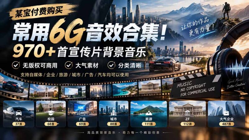 （20603期）某宝付费购买，常用6G音效合集！970+首宣传片背景音乐，无版权可商用大气素材，分类清晰-百科网