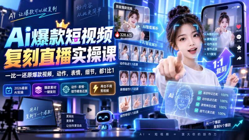 （20304期）最新Ai爆款短视频复刻直播实操课，一比一还原爆款视频，动作，表情，细节，都1比1-百科网