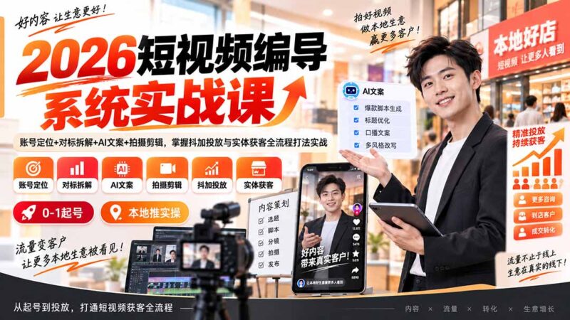 (20305期)2026短视频编导系统实战课:账号定位+对标拆解+AI文案+拍摄剪辑,掌握抖加投放与实体获客全流程打法实战-百科网