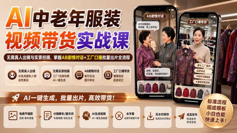 (20198期)AI中老年服装视频带货实战课:无需真人出镜与实景拍摄,掌握AB剧情对话+工厂口播批量出片全流程-百科网