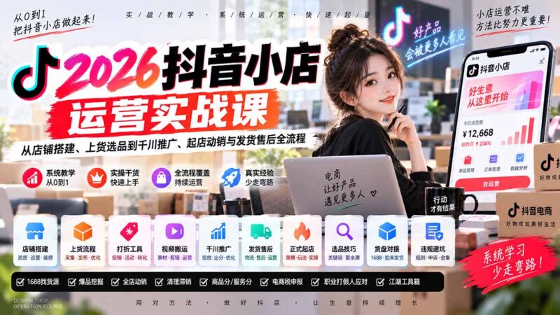 (20568期)2026抖音小店运营实战课|从店铺搭建、上货选品到千川推广、起店动销与发货售后全流程-百科网