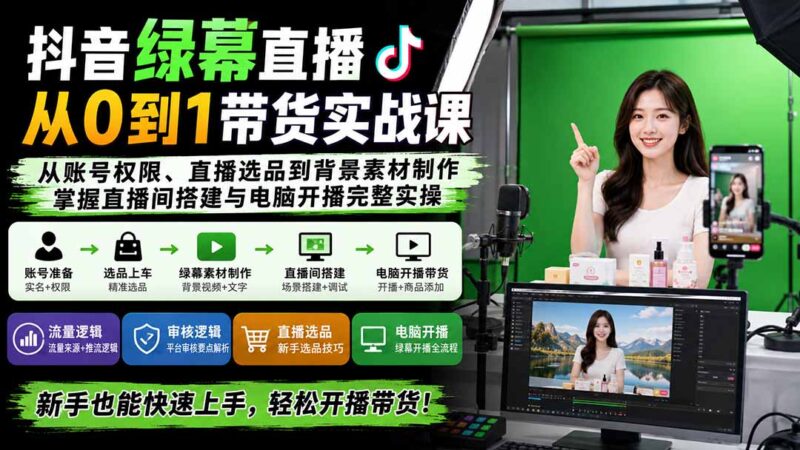 (20224期)抖音绿幕直播从0到1带货实战课:从账号权限、直播选品到背景素材制作,掌握直播间搭建与电脑开播完整实操-百科网