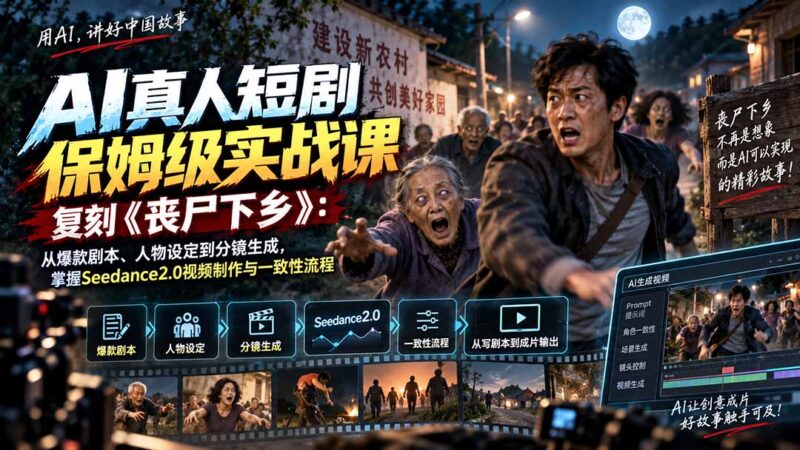 (20359期)AI真人短剧保姆级实战课,复刻《丧尸下乡》:从爆款剧本、人物设定到分镜生成,掌握Seedance2.0视频制作与一致性流程-百科网