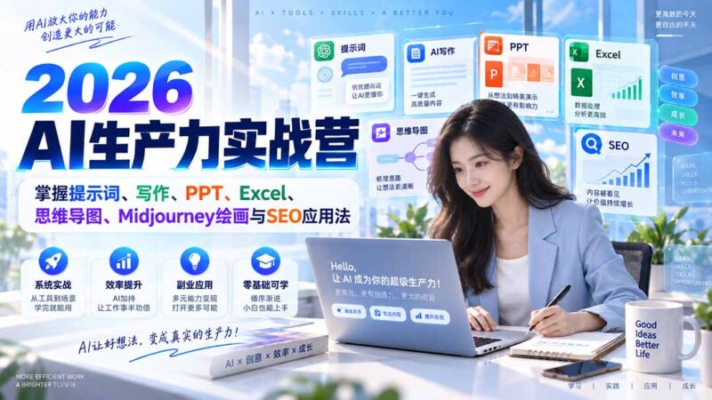 （20307期）2026AI生产力实战营：掌握提示词、写作、PPT、Excel、思维导图、Midjourney绘画与SEO应用法-百科网