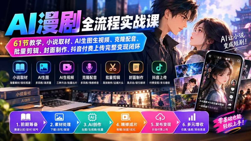 （20199期）AI漫剧全流程实战课｜61节教学，小说取材、AI生图生视频、克隆配音、批量剪辑、封面制作、抖音付费上传完整变现闭环-百科网