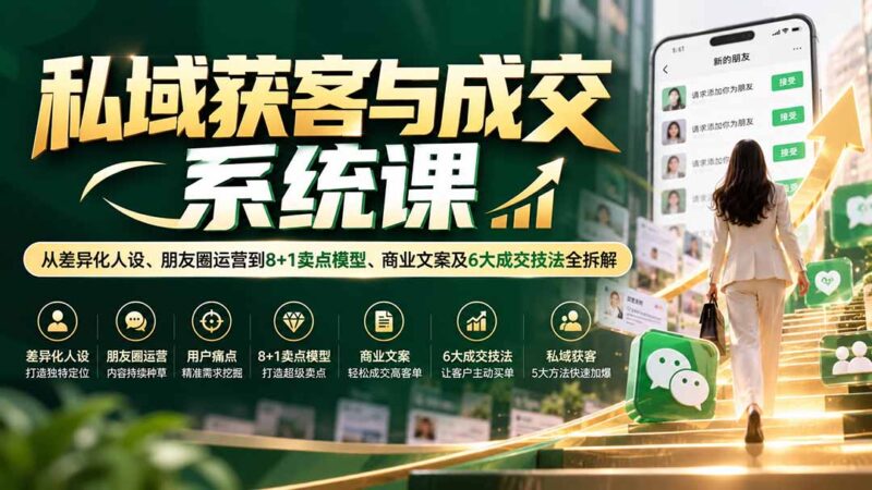 私域获客与成交系统课：从差异化人设、朋友圈运营到8+1卖点模型、商业文案及6大成交技法全拆解-百科网_分享创业项目_网上赚钱方法