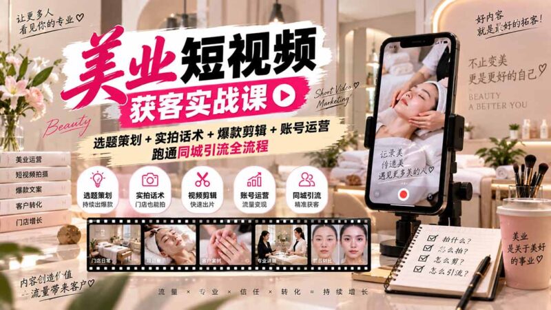 (20586期)美业短视频获客实战课-无水印:选题策划+实拍话术+爆款剪辑+账号运营,跑通同城引流全流程-百科网