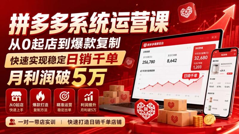 (20547期)拼多多系统运营课-无水印(更新9月),从0起店到爆款复制,快速实现稳定日销千单,月利润破5万-百科网