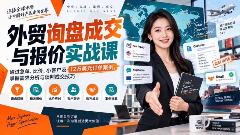 （20424期）外贸询盘成交与报价实战课：通过急单、比价、小客户及12万美元订单案例，掌握需求分析与谈判成交技巧-百科网