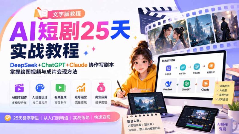 （20225期）AI短剧25天实战教程（文字版教程）：DeepSeek+ChatGPT+Claude协作写剧本，掌握绘图视频与成片变现方法-百科网