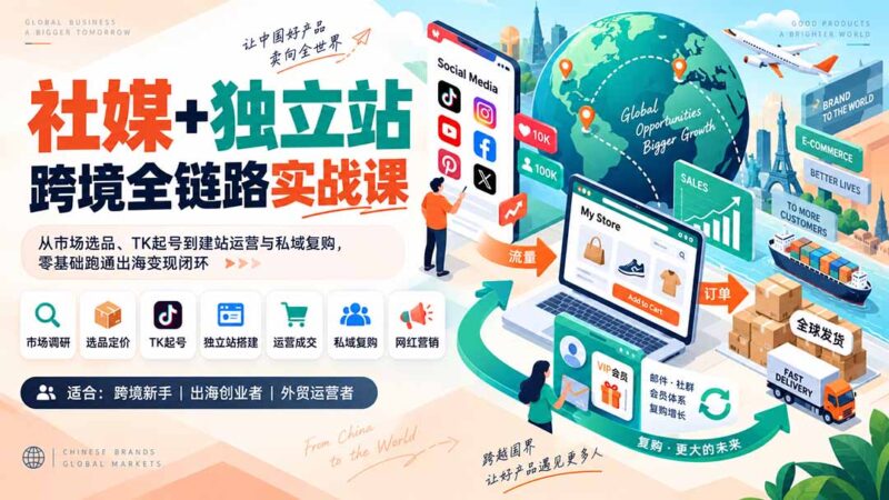 (20361期)社媒+独立站跨境全链路实战课:从市场选品、TK起号到建站运营与私域复购,零基础跑通出海变现闭环-百科网