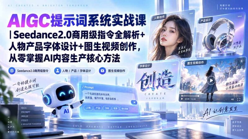 (20559期)AIGC提示词系统实战课-无水印|Seedance2.0商用级指令全解析+人物产品字体设计+图生视频创作,掌握AI内容生产方法-百科网